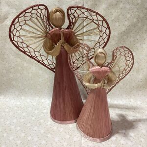 Praying Angels Straw Pink Raffia Vintage Handmade Angel Doll Pair 8" & 6"